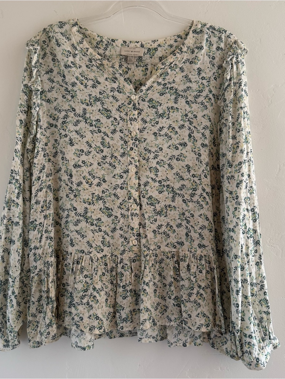 Lucky Brand XL Floral Button Front Blouse Peplum Ruffle Hem Long Sleeve Boho Top
